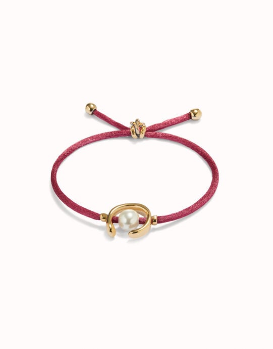 Pulsera de hilo malva con perla shell fornitura ba&ntilde;ada en oro 18k.